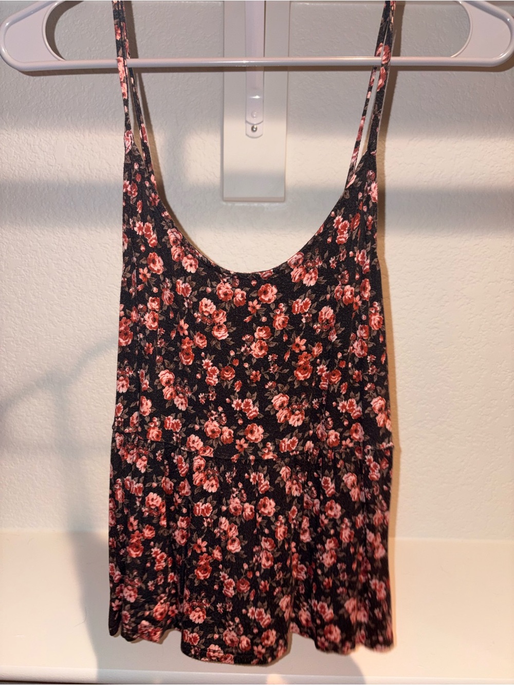 American Eagle Outfitters Black Floral Tank Top with Pink Flowers